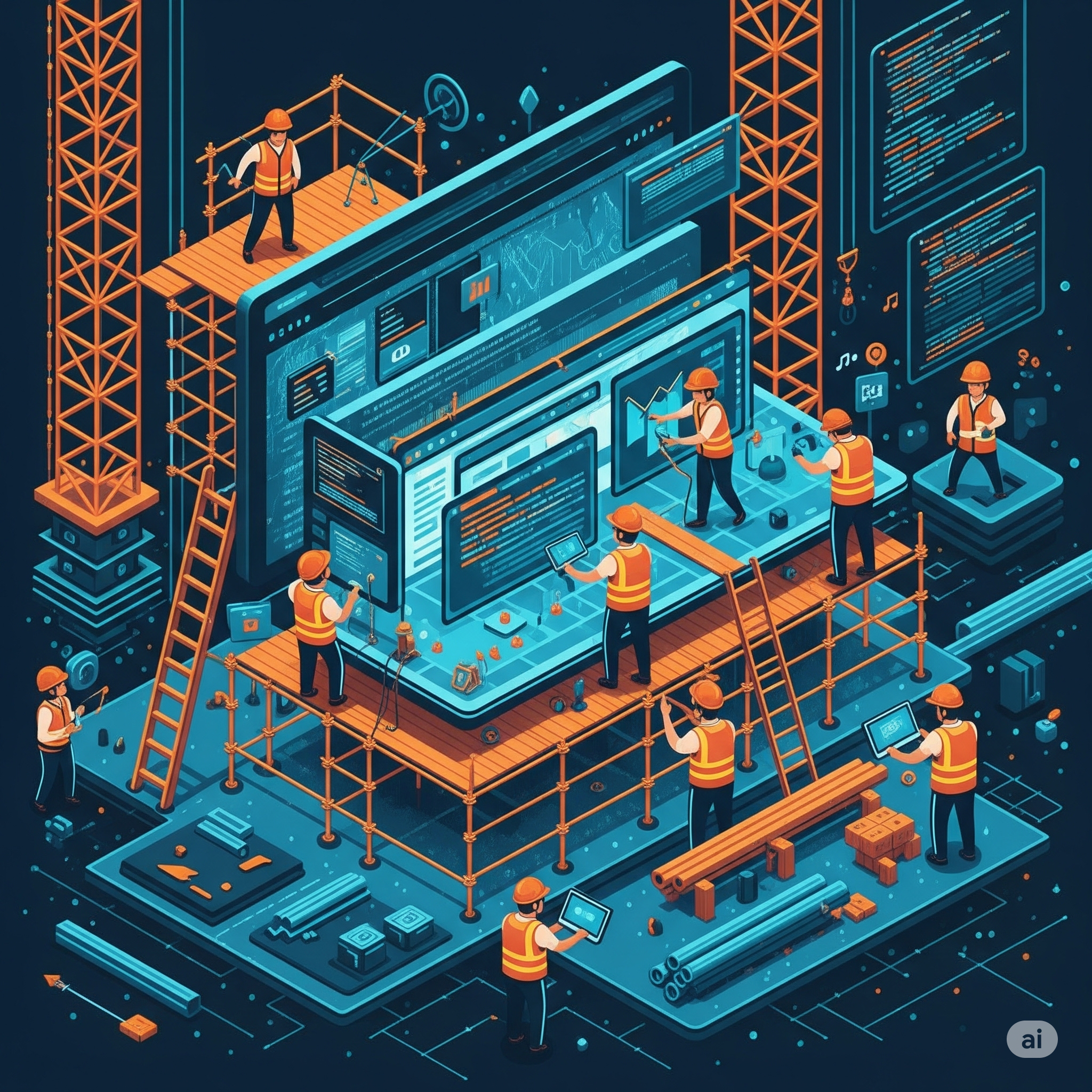 Sitio en construcción - Grúas y desarrolladores construyendo una web